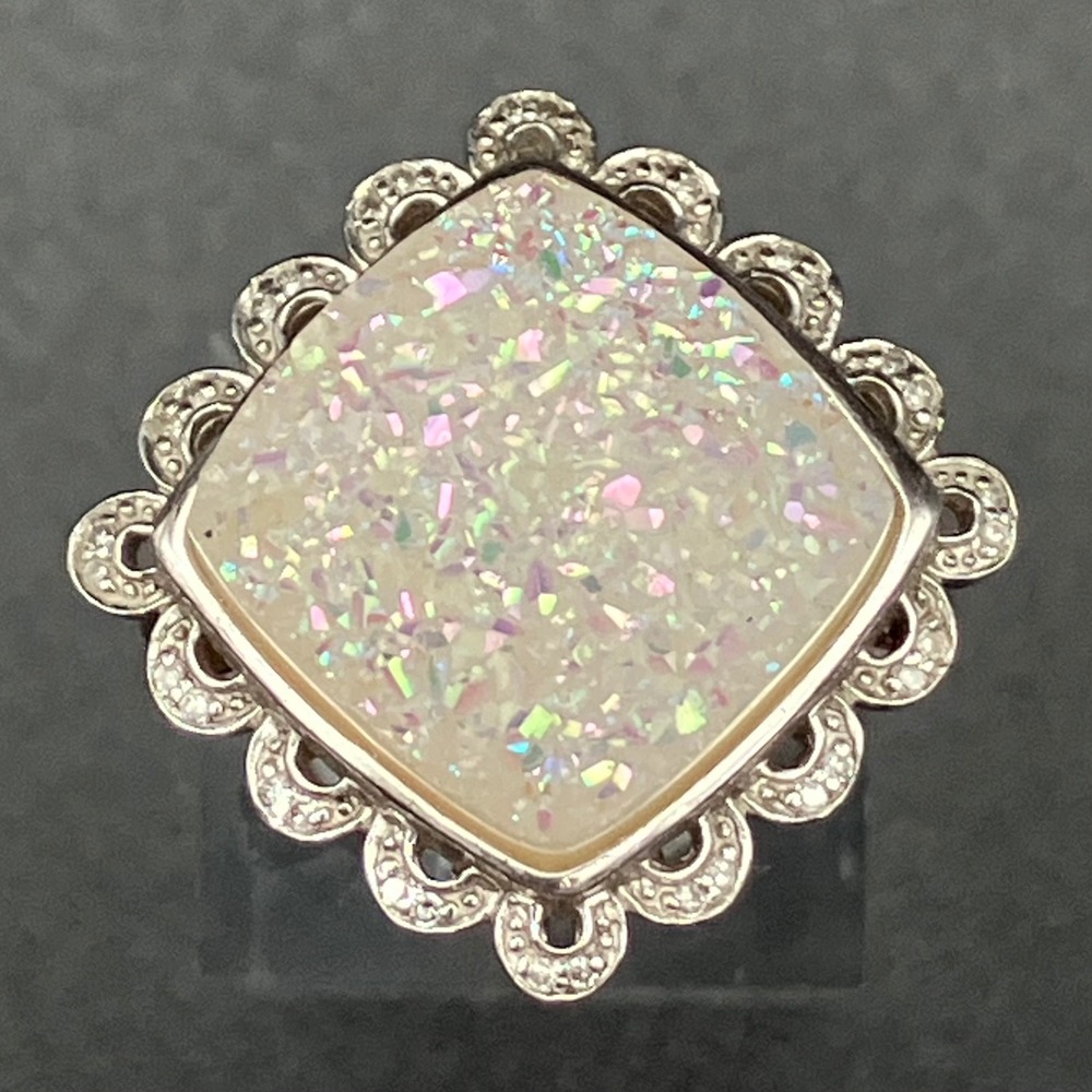 Sterling Silver Titanium Druzy Ring Size 8 Scalloped Bezel Statement Cocktail